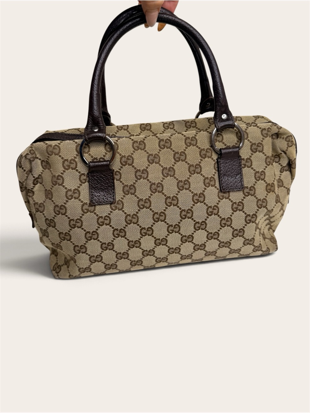 Gucci Monogram Canvas Satchel Brown Leather Handles Doctor Bowler Bag Purse